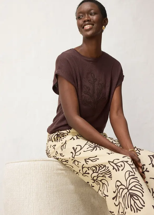T-shirt i linne med broderi, bonprix