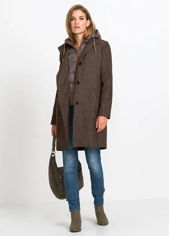 Kort vinterkappa med 2-i-1-look och yllek&auml;nsla, bonprix