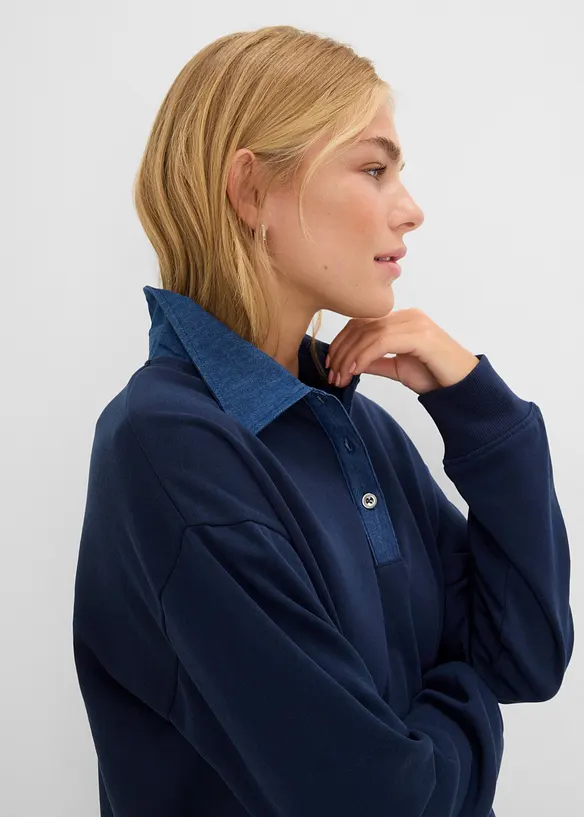 Oversizesweatshirt med denimkrage i bomullsmix, bonprix