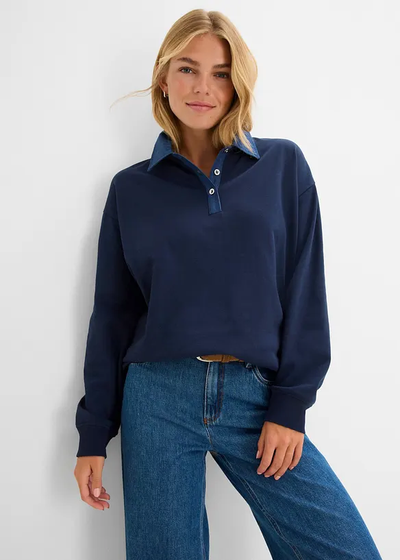 Oversizesweatshirt med denimkrage i bomullsmix, bonprix