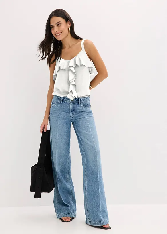 Jeans med vida ben, Mid Waist, Low Stretch Full Length, bonprix