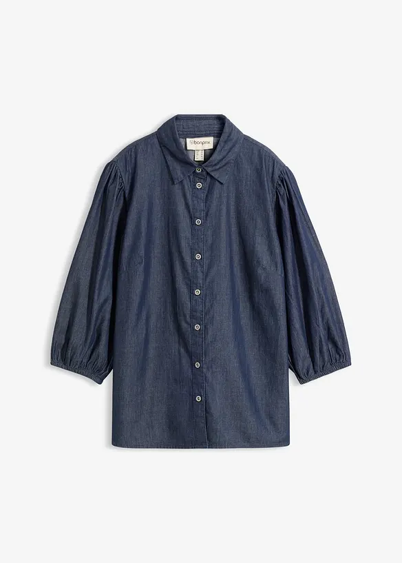 Jeansblus med puff&auml;rmar, i ekologisk bomull, bonprix