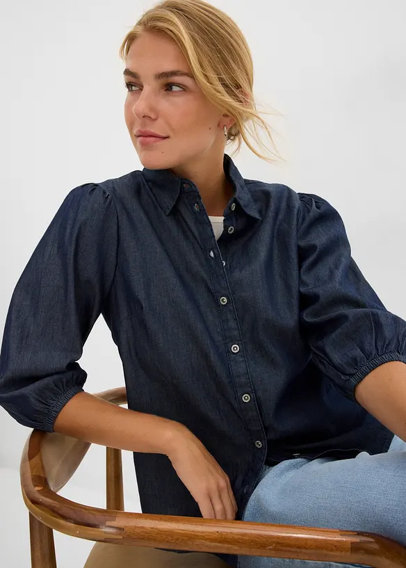 Jeansblus med puff&auml;rmar, i ekologisk bomull, bonprix