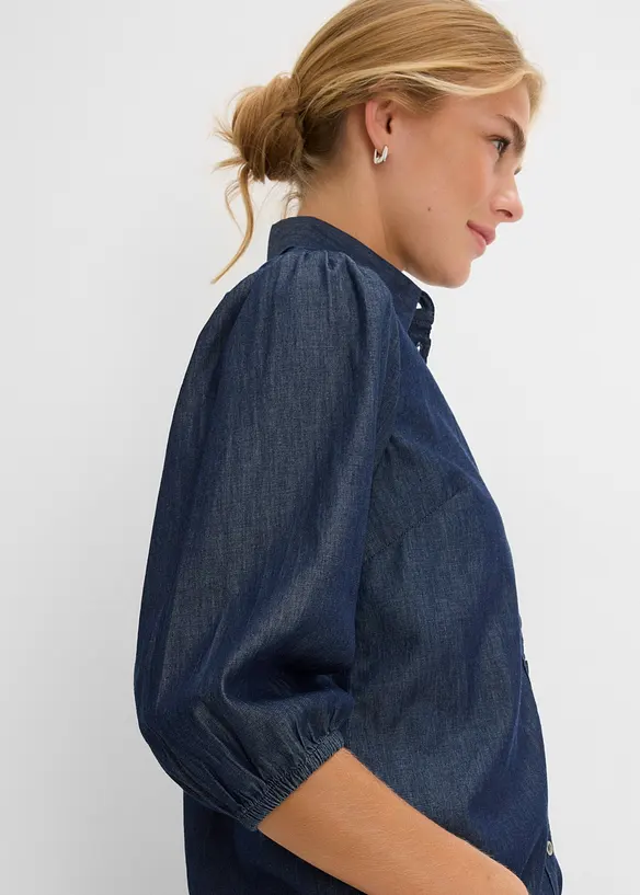 Jeansblus med puff&auml;rmar, i ekologisk bomull, bonprix