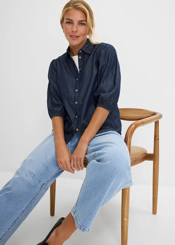 Jeansblus med puff&auml;rmar, i ekologisk bomull, bonprix