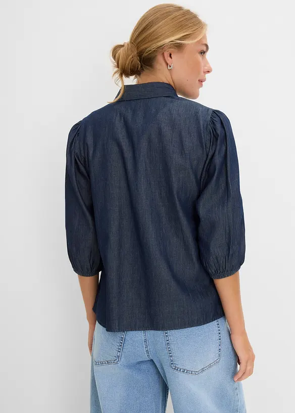 Jeansblus med puff&auml;rmar, i ekologisk bomull, bonprix