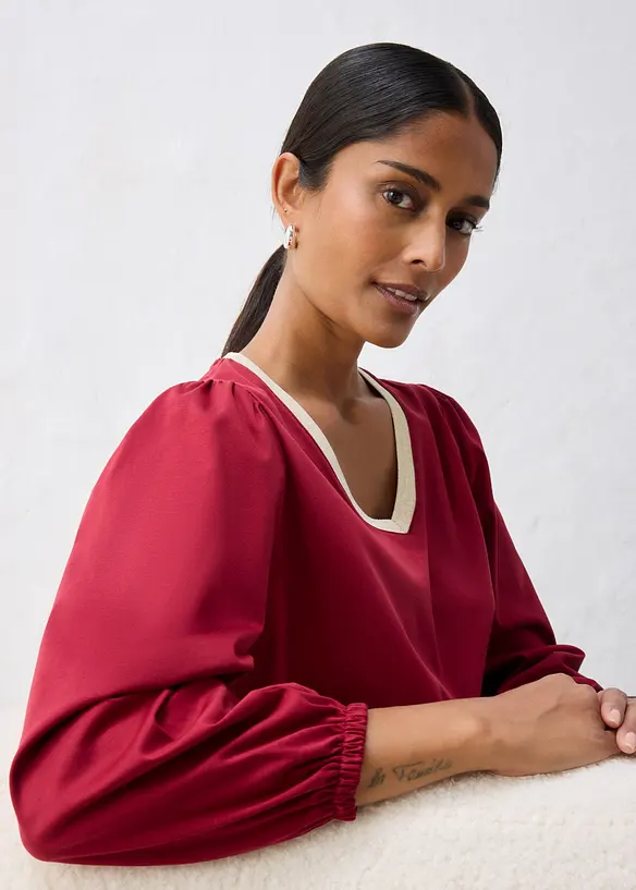 L&aring;ng&auml;rmad topp i materialmix med bomull och siden, bonprix