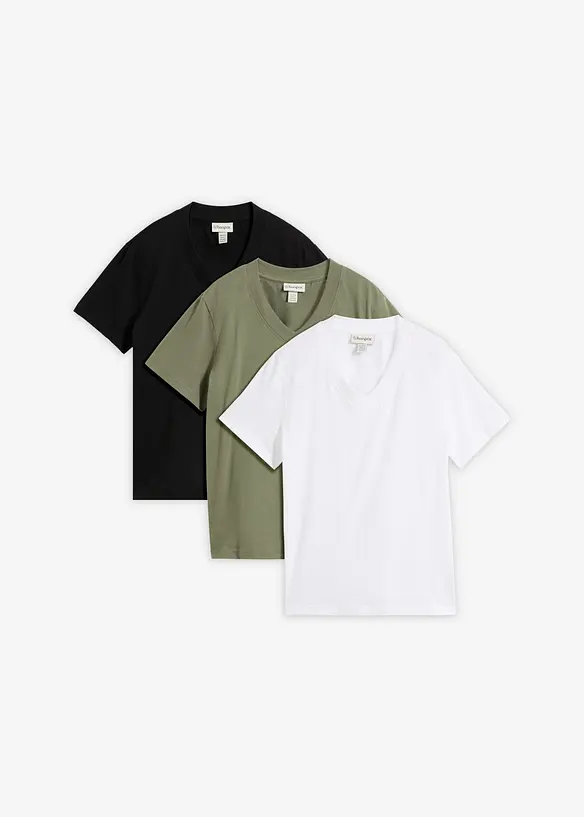 T-shirt med V-ringning i ekologisk bomull (3-pack), bonprix