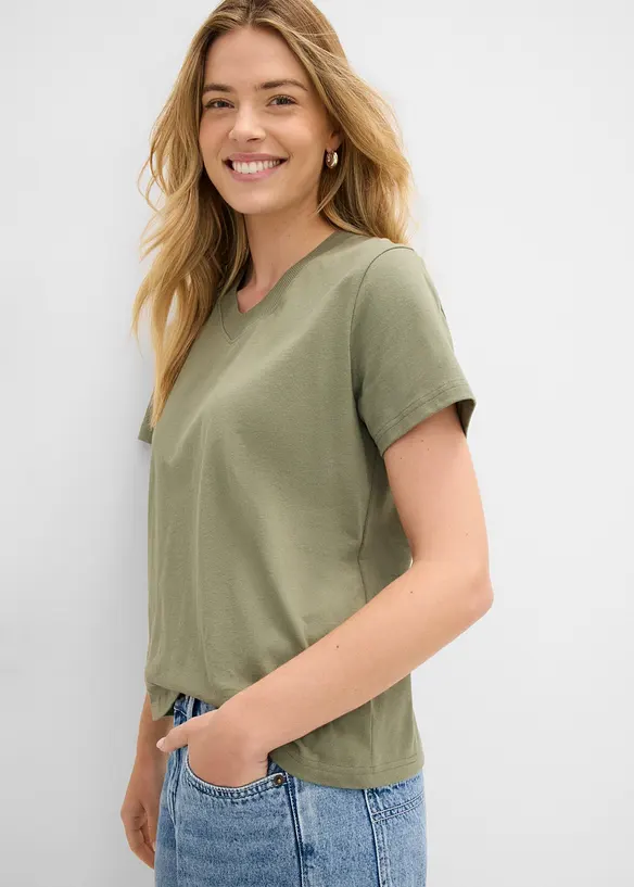T-shirt med V-ringning i ekologisk bomull (3-pack), bonprix