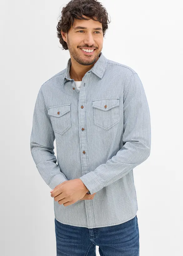Jeansskjorta med l&aring;nga &auml;rmar, av bomull, bonprix