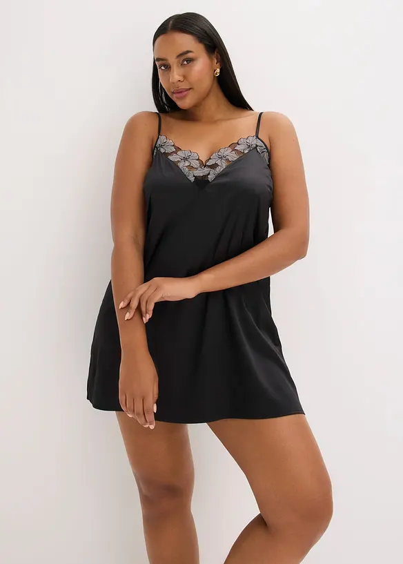 Neglig&eacute; i satin med elegant broderi, bonprix