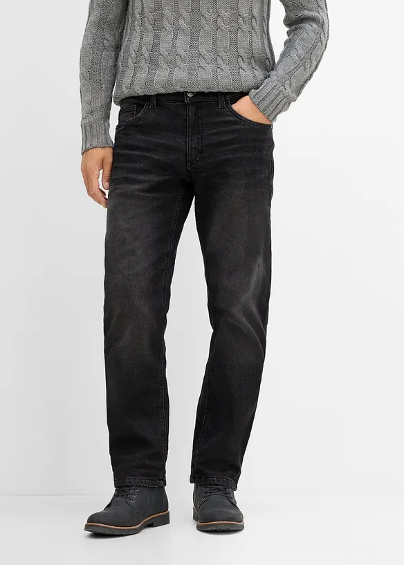 Relaxed Fit Jeans med res&aring;r i midjan och fleecefoder, Straight, bonprix
