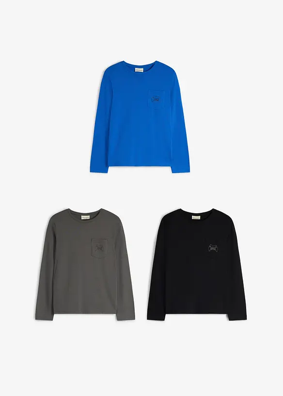L&aring;ng&auml;rmad T-shirt med br&ouml;stficka i ekologisk bomull (3-pack), bonprix
