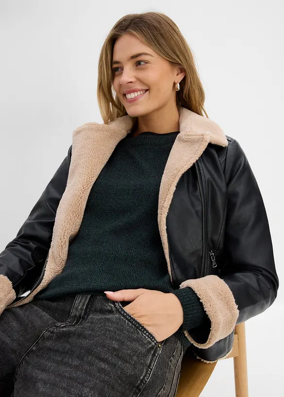 Stickad tr&ouml;ja med rund halsringning i melerad look, bonprix