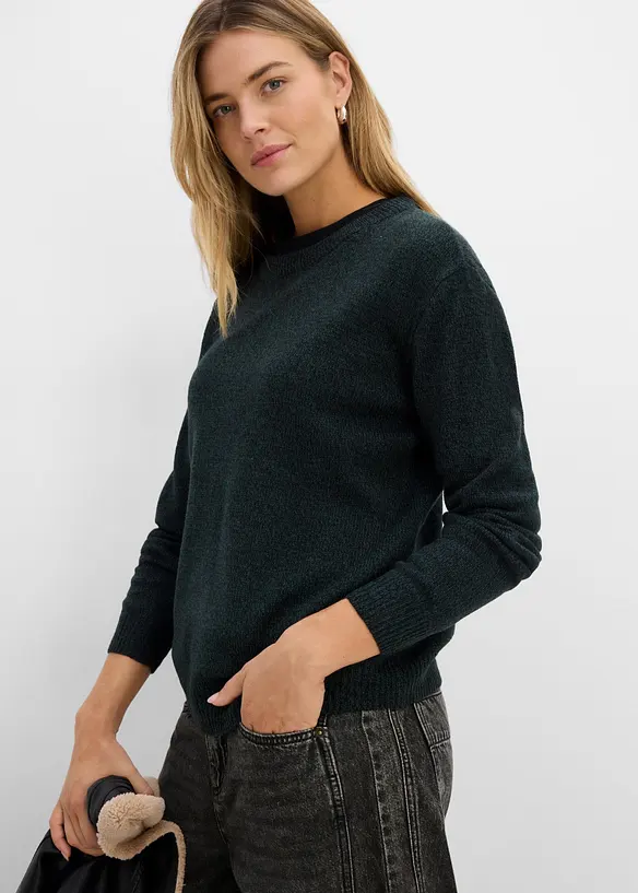 Stickad tr&ouml;ja med rund halsringning i melerad look, bonprix