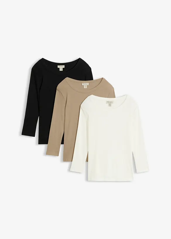 Ribbstickad topp med 3/4-&auml;rm, i ekologisk bomull (3-pack), bonprix