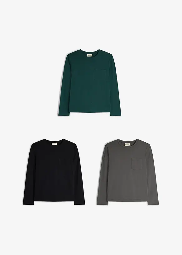 L&aring;ng&auml;rmad T-shirt med br&ouml;stficka i ekologisk bomull (3-pack), bonprix