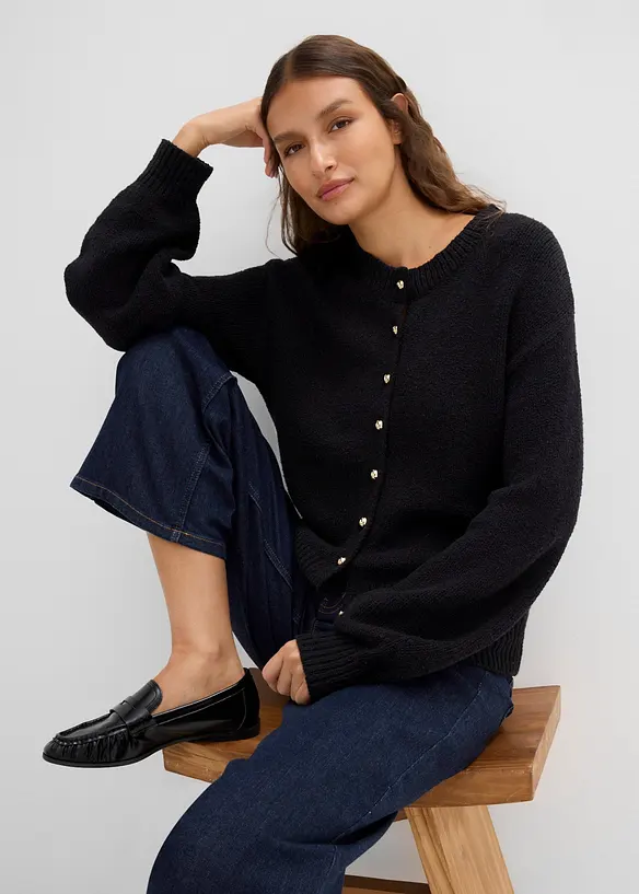 Grovstickad cardigan med knappsl&aring;, bonprix