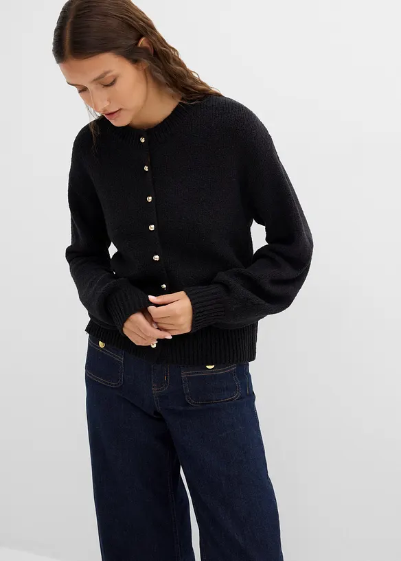 Grovstickad cardigan med knappsl&aring;, bonprix