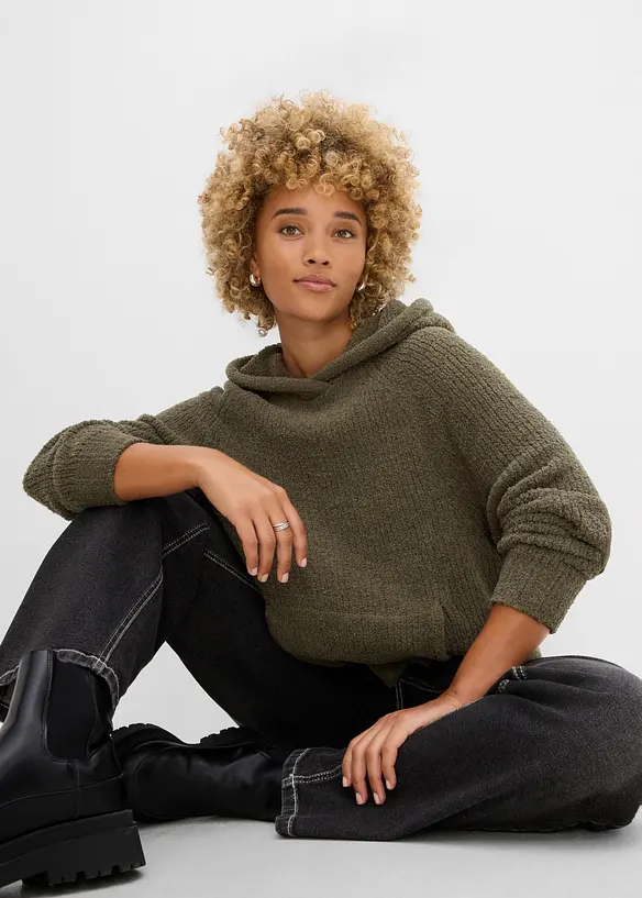 Sweatshirt med huva, av teddyfleece, bonprix