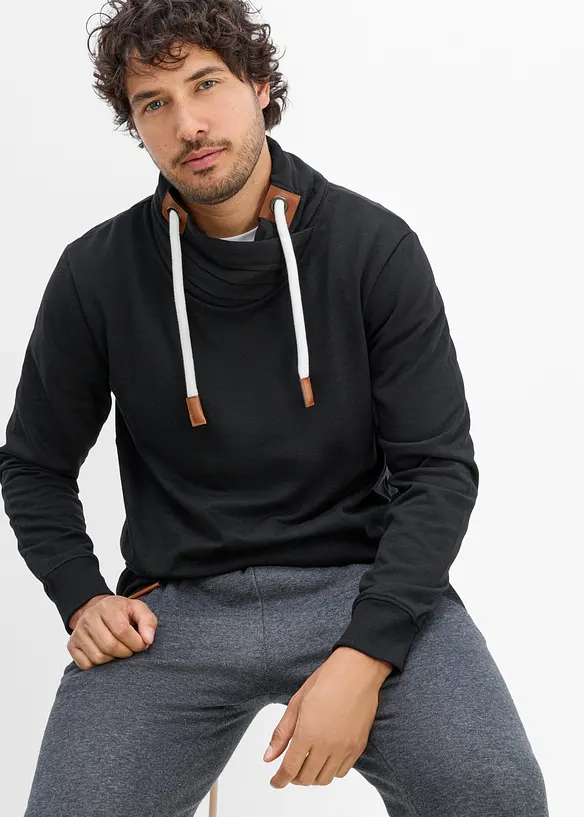 Sweatshirt med sjalkrage och detaljer i skinnimitation, bonprix