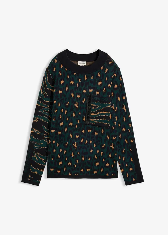 Finstickad tr&ouml;ja med tryckt leopardm&ouml;nster, bonprix