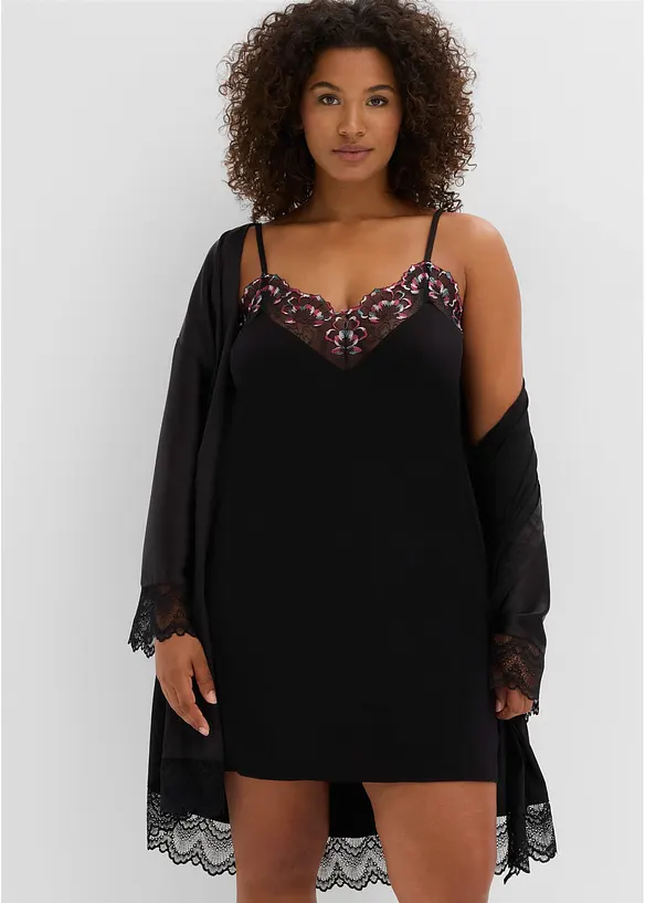 Neglig&eacute; i mjuk viskos med skirt broderi, bonprix