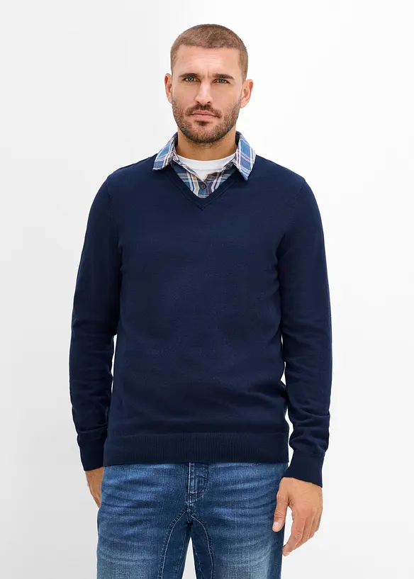 Stickad tr&ouml;ja med p&aring;sydd skjortkrage, bonprix