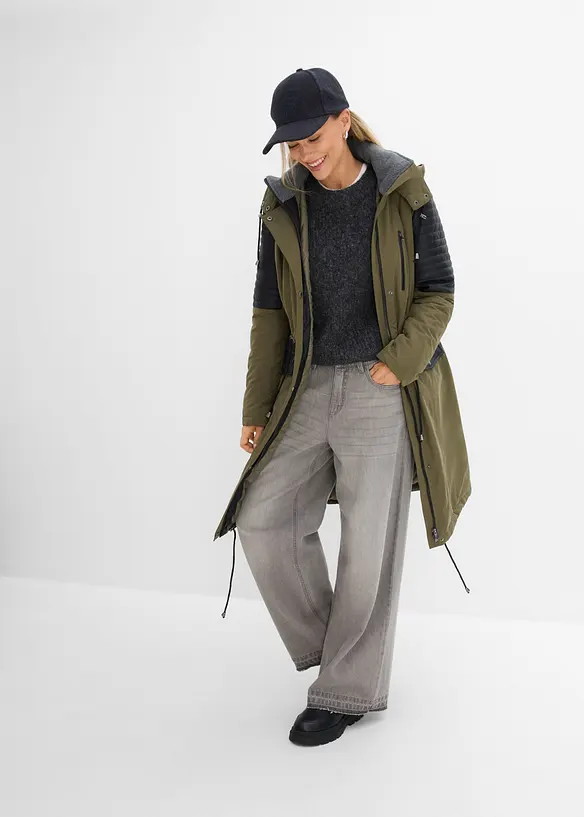 L&aring;ng parkas med inf&auml;llningar av skinnimitation, bonprix
