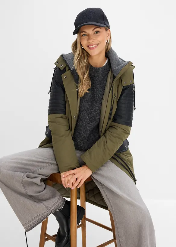 L&aring;ng parkas med inf&auml;llningar av skinnimitation, bonprix