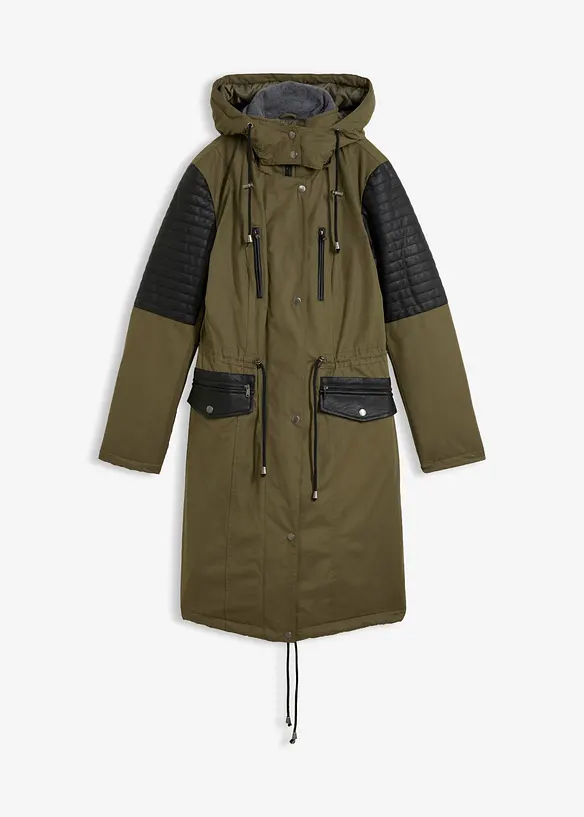 L&aring;ng parkas med inf&auml;llningar av skinnimitation, bonprix