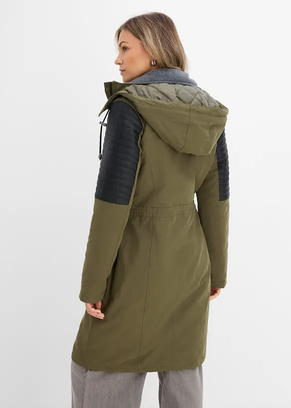 L&aring;ng parkas med inf&auml;llningar av skinnimitation, bonprix