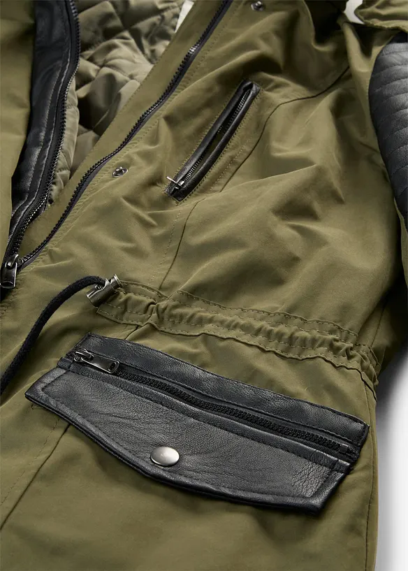 L&aring;ng parkas med inf&auml;llningar av skinnimitation, bonprix