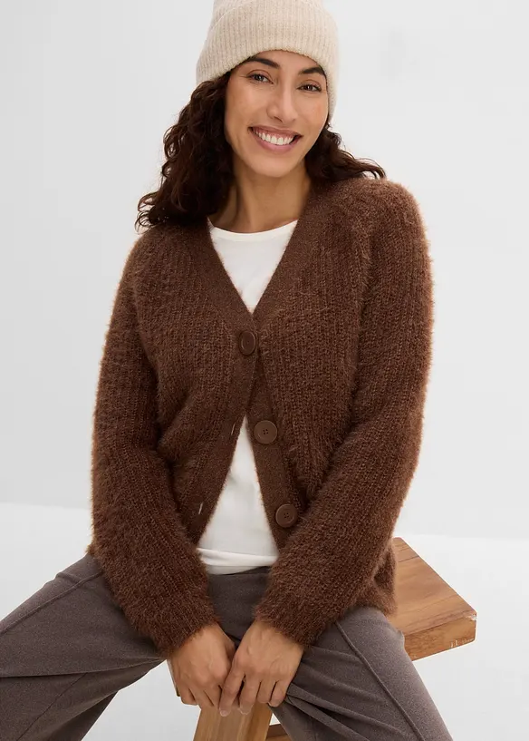 Ribbstickad cardigan med glansiga effekter, bonprix