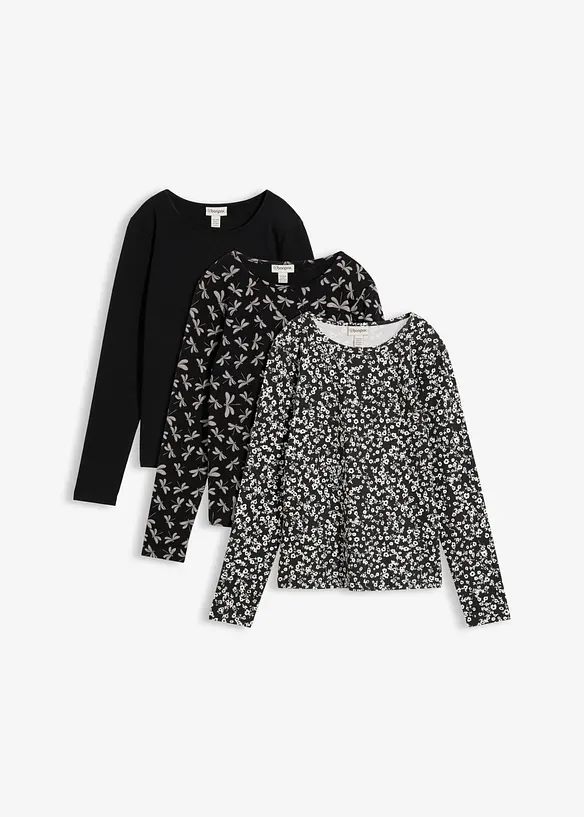 L&aring;ng&auml;rmad topp av elastisk bomullsmix (3-pack), bonprix