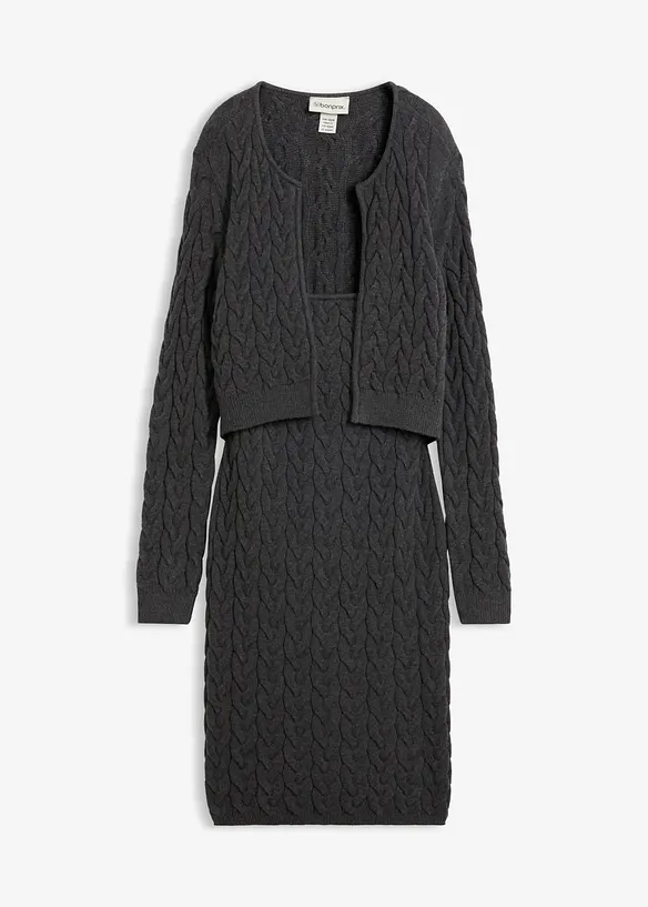 Stickad kl&auml;nning med p&aring;sydd cardigan, bonprix