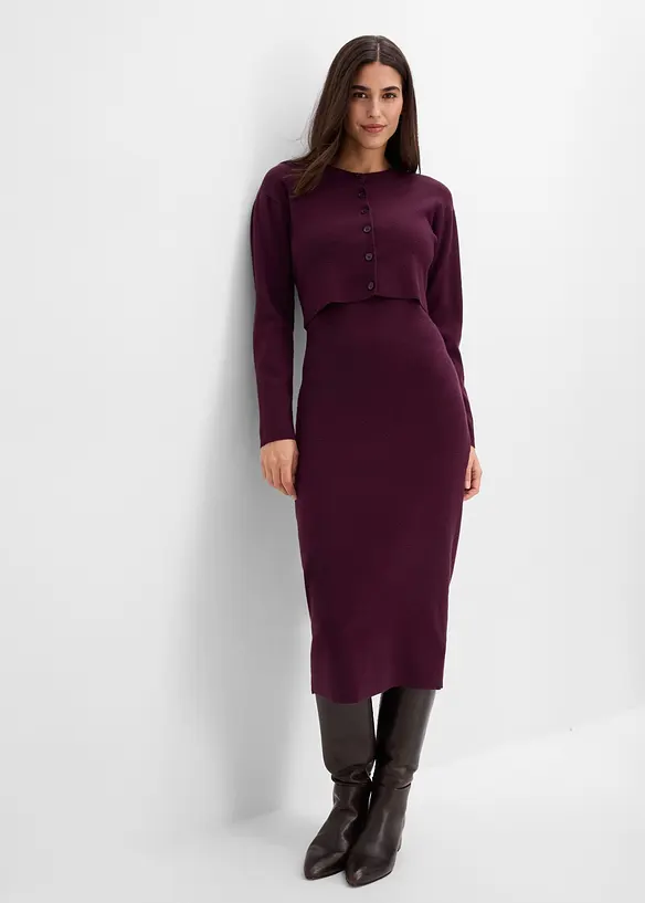 Stickad kl&auml;nning och cardigan (2 delar), bonprix