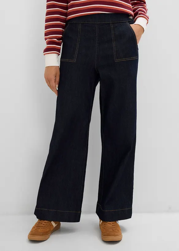 Wide Leg Jeans, High Waist, med p&aring;sydda fickor, bonprix