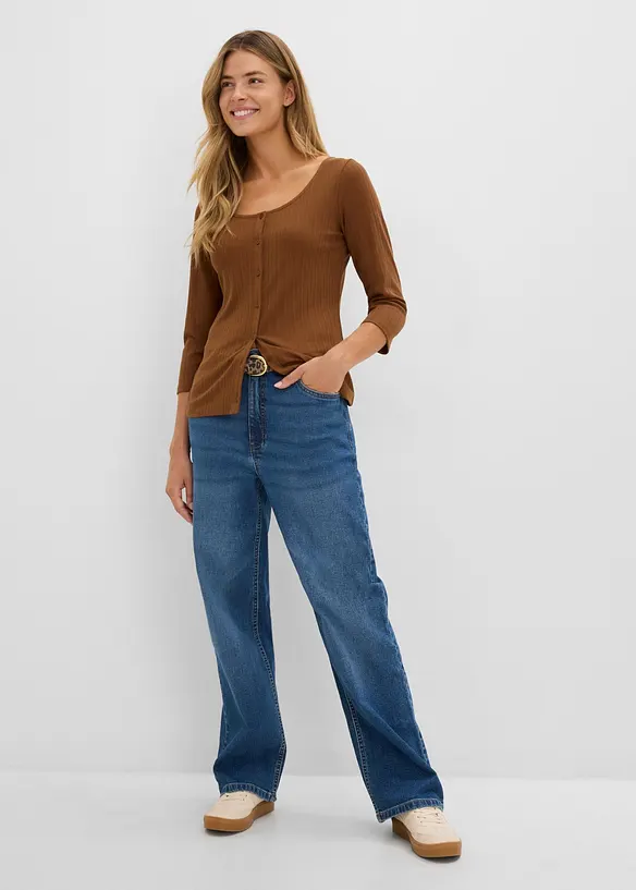 Wide Leg-jeans, Mid Waist med leopardm&ouml;nstrade detaljer, bonprix
