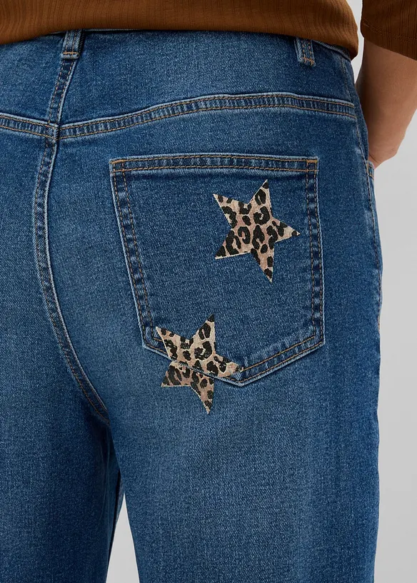 Wide Leg-jeans, Mid Waist med leopardm&ouml;nstrade detaljer, bonprix