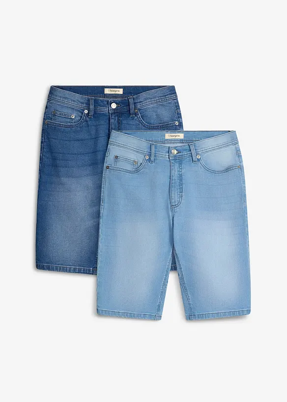 Stretchiga jeansshorts med f&ouml;rst&auml;rkt gren, Regular Fit (2-pack), bonprix