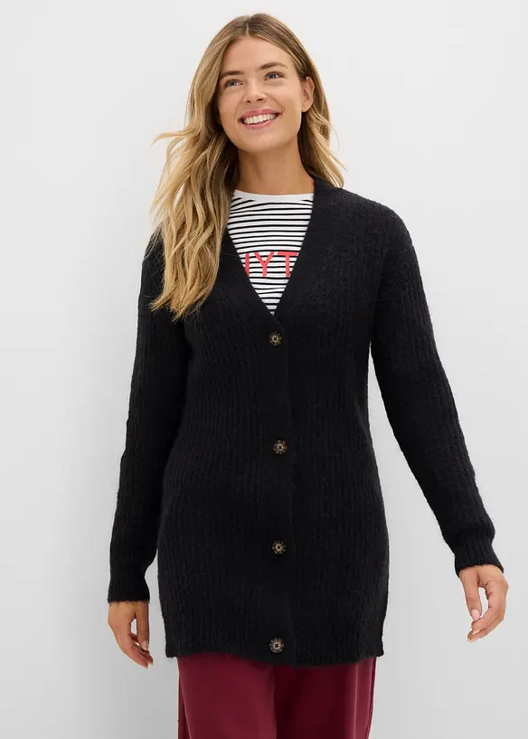 Grovstickad cardigan med ylleandel, bonprix