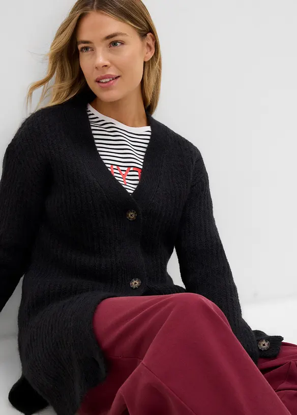 Grovstickad cardigan med ylleandel, bonprix