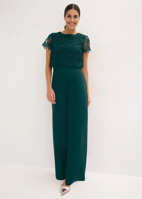 Jumpsuit av stabil trik&aring; med spets, bonprix