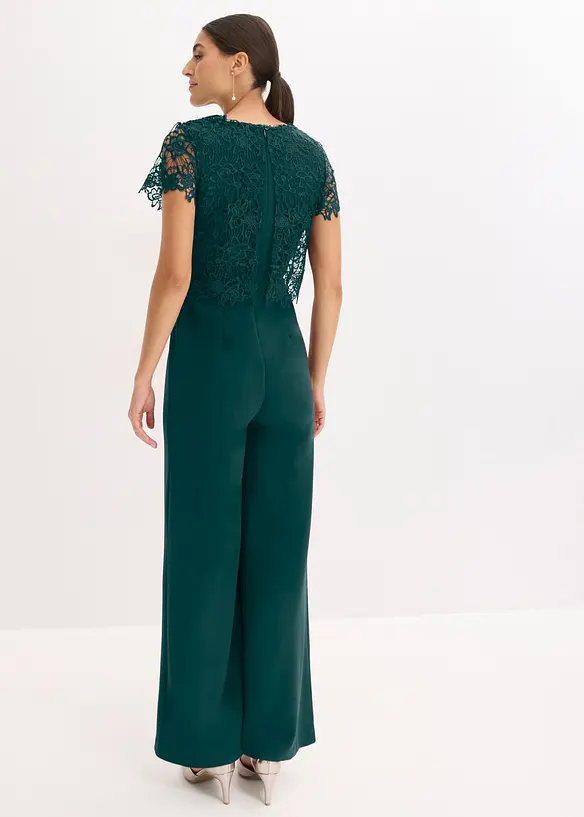 Jumpsuit av stabil trik&aring; med spets, bonprix