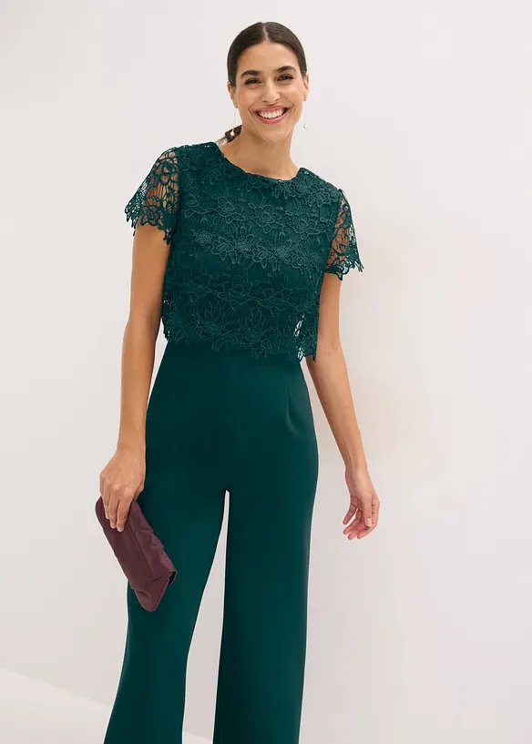 Jumpsuit av stabil trik&aring; med spets, bonprix
