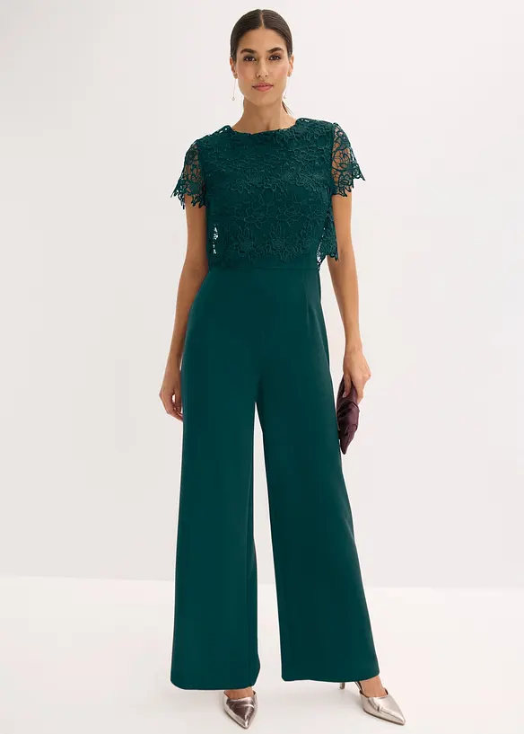 Jumpsuit av stabil trik&aring; med spets, bonprix