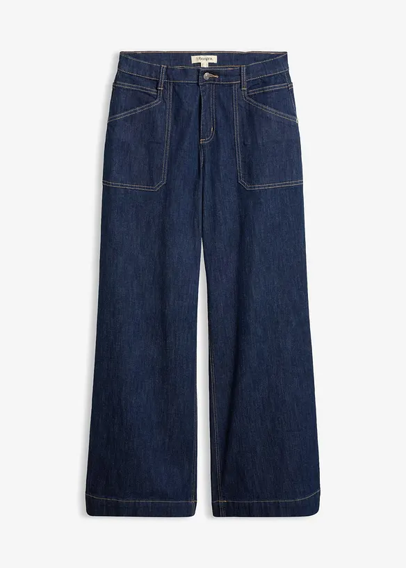 Wide Leg Jeans Mid Waist, med p&aring;sydda fickor, bonprix