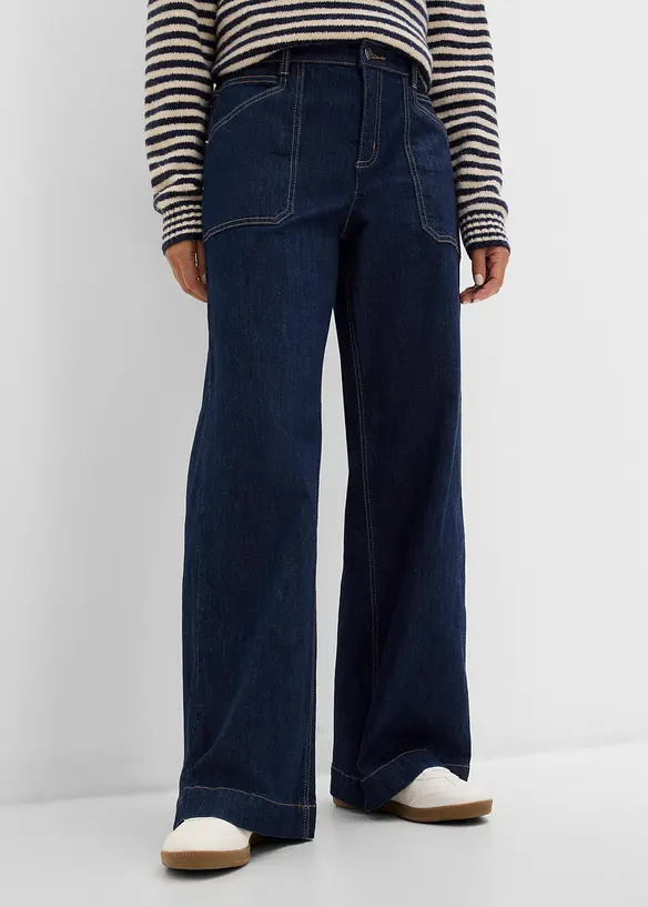 Wide Leg Jeans Mid Waist, med p&aring;sydda fickor, bonprix