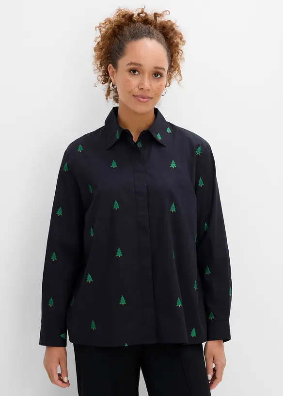 Skjortblus i ekologisk bomull med broderi, bonprix